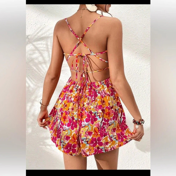 SHEIN VCAY Allover Floral Print Lace Up Backless Cami Dress - Picture 2 of 6